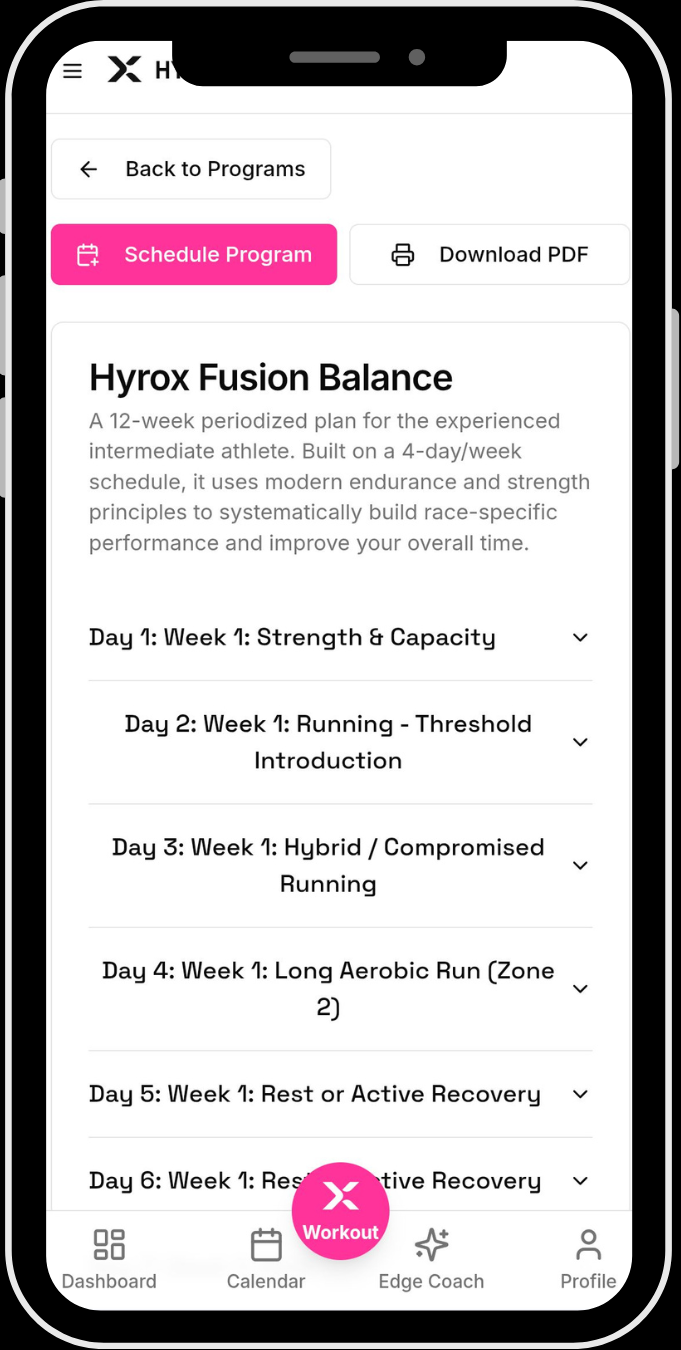 HybridX app workout screen with Edge Coach
